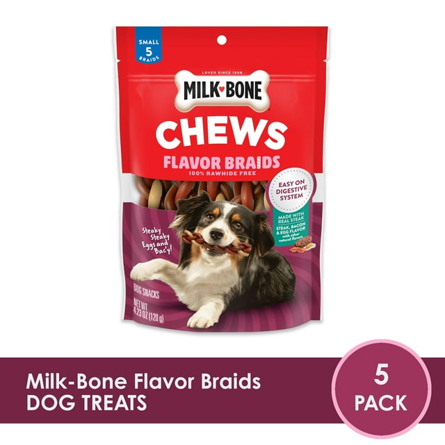 Milk-Bone Steaky Steaky Eggs and Bac'y Flavor Braids, Rawhide Free Dog Chews, Small Long-Lasting Dog Treats, 5 Pack - BEST IF USED BY 12-16-24