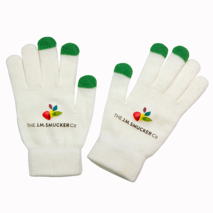 White & Green Touchscreen Gloves, Acrylic fabric, Front