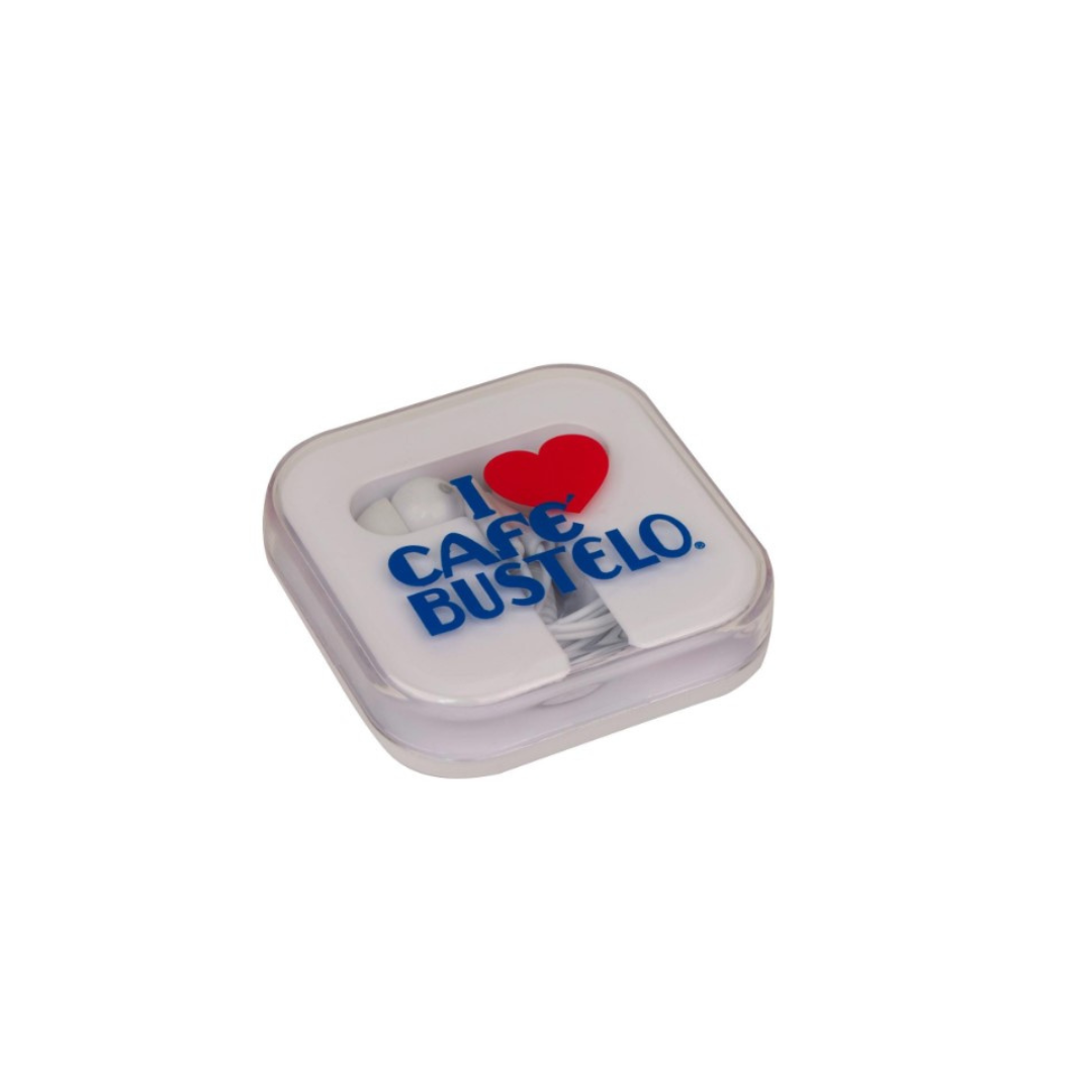 Earbud Headphones with Cafe Bustelo Logo Case