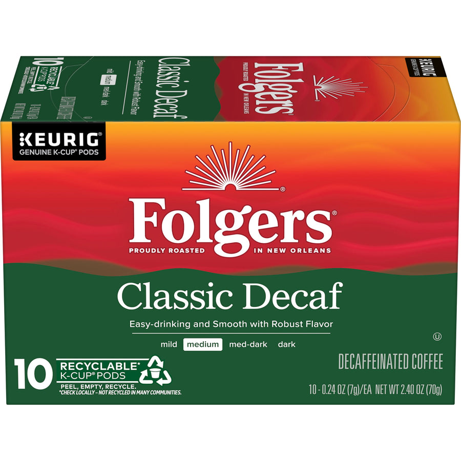 Folgers Classic Decaf Medium Roast Coffee, K-Cup Pods, 10 count, Front of Pack