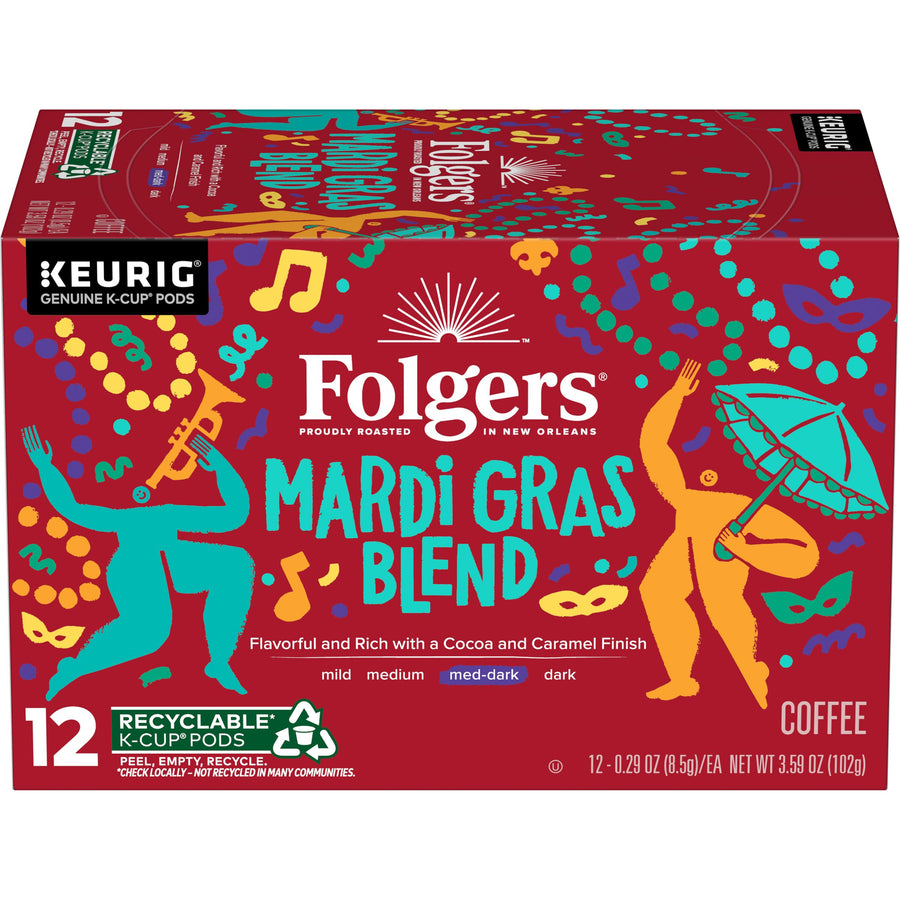 Folgers Mardi Gras Blend, Medium-Dark Roast Coffee K-Cup Pods, 12 count, Front of Pack