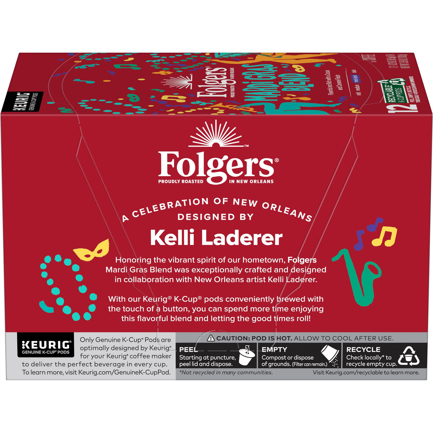 Folgers Mardi Gras Blend, Medium-Dark Roast Coffee K-Cup Pods, 12 count, Back of Pack