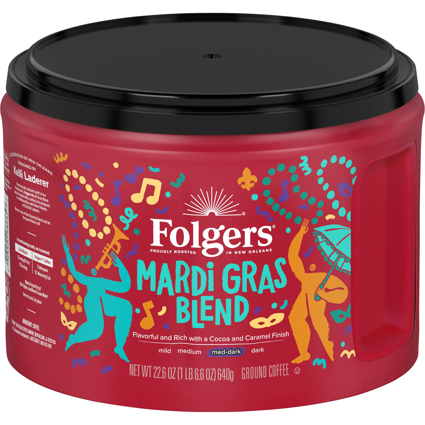 Folgers Mardi Gras Blend, Medium-Dark Roast, Ground Coffee, 22.6 oz, Front of Pack