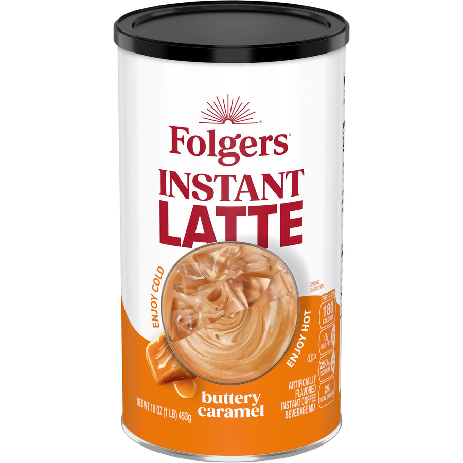 Folgers Buttery Caramel Instant Latte Canister, 16 oz, Front