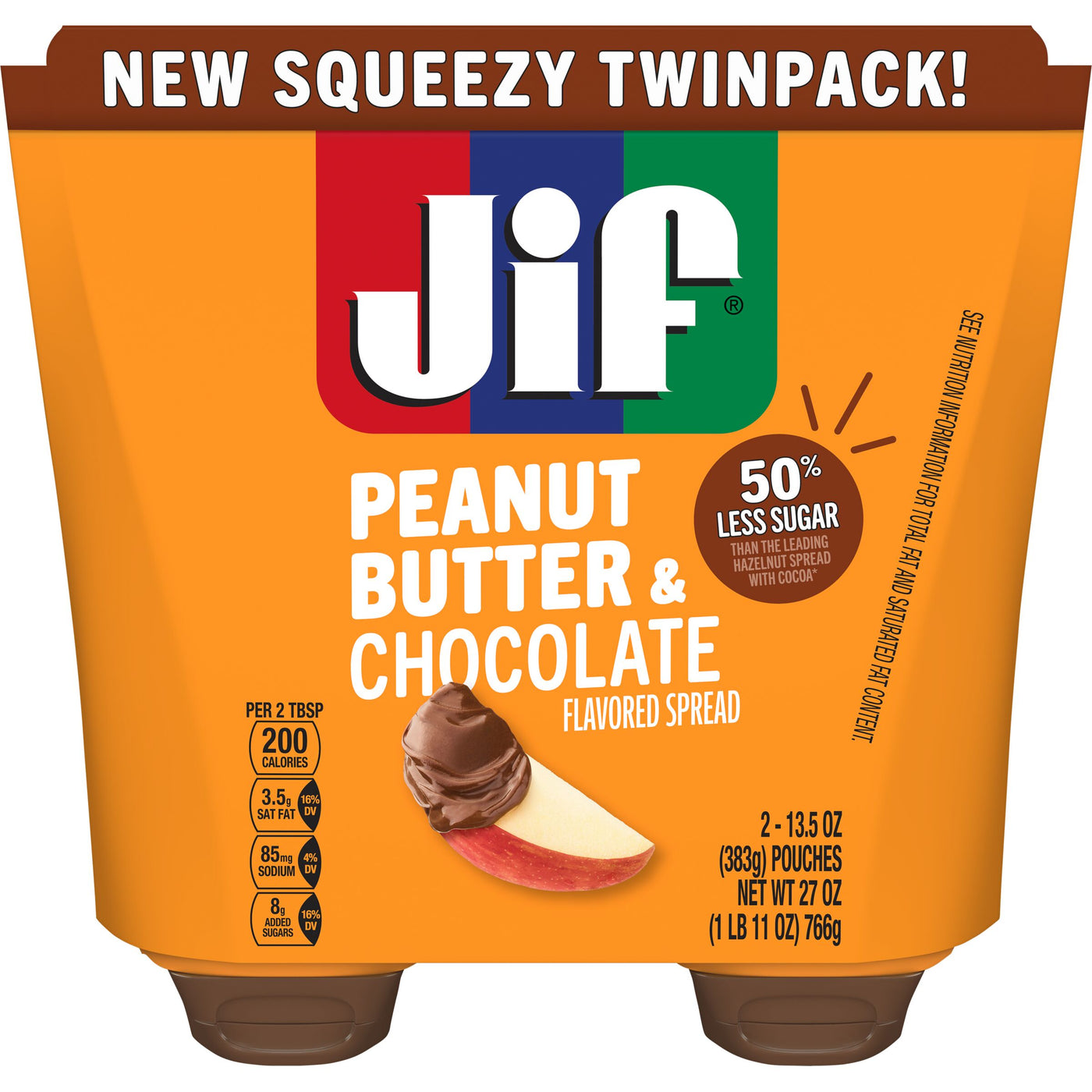 Jif Squeeze Peanut Butter And Chocolate Flavored Spread, 13.5 oz Pouch, 2 count, Front of Pack