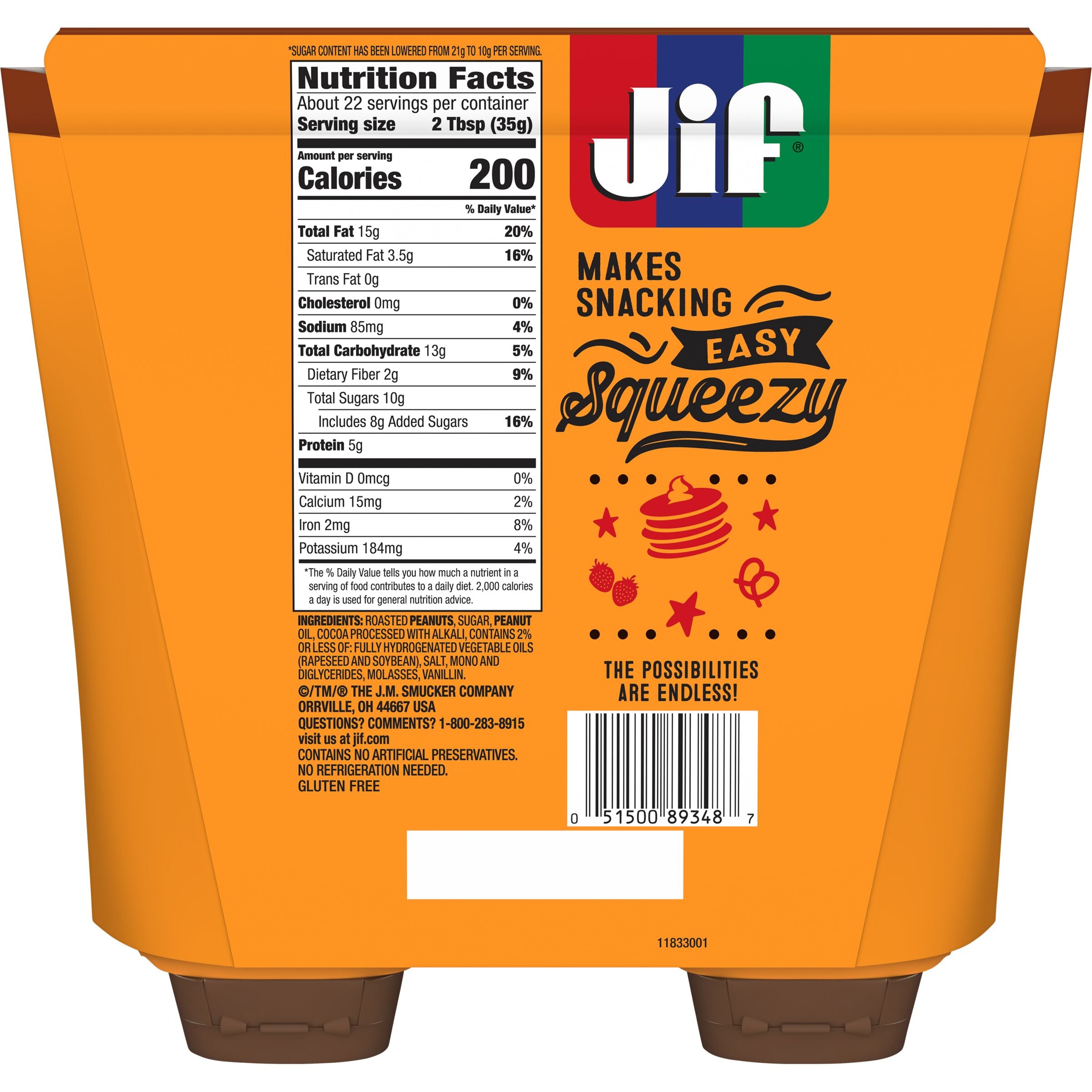 Jif Squeeze Peanut Butter And Chocolate Flavored Spread, 13.5 oz Pouch, 2 count, Back of Pack