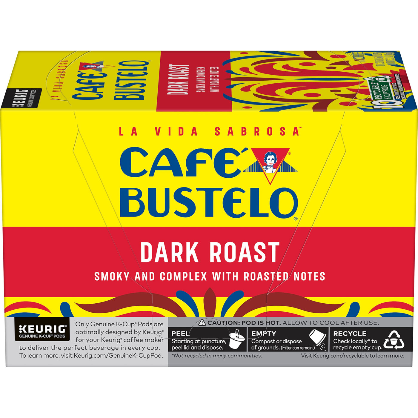 Cafe Bustelo Dark Roast Coffee, K-Cup Pods, 10 ct, Back of Pack