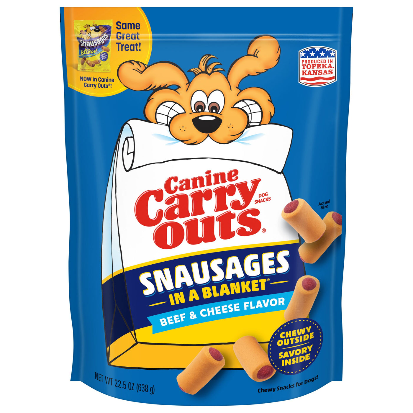 Canine Carry Outs Snausages in a Blanket Chewy Dog Treats, Beef & Cheese Flavor, 22.5 oz, Front