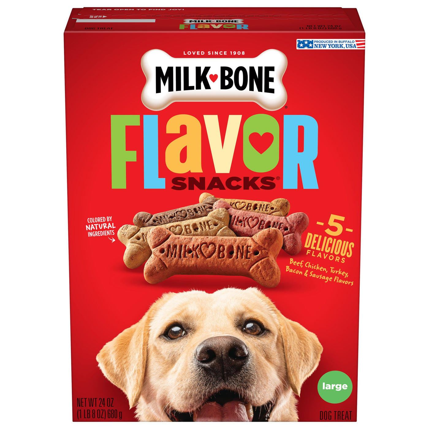 Milk-Bone Flavor Snacks Dog Biscuits, Flavored Crunchy Dog Treats, 24 oz, Front of Pack, Large Bones