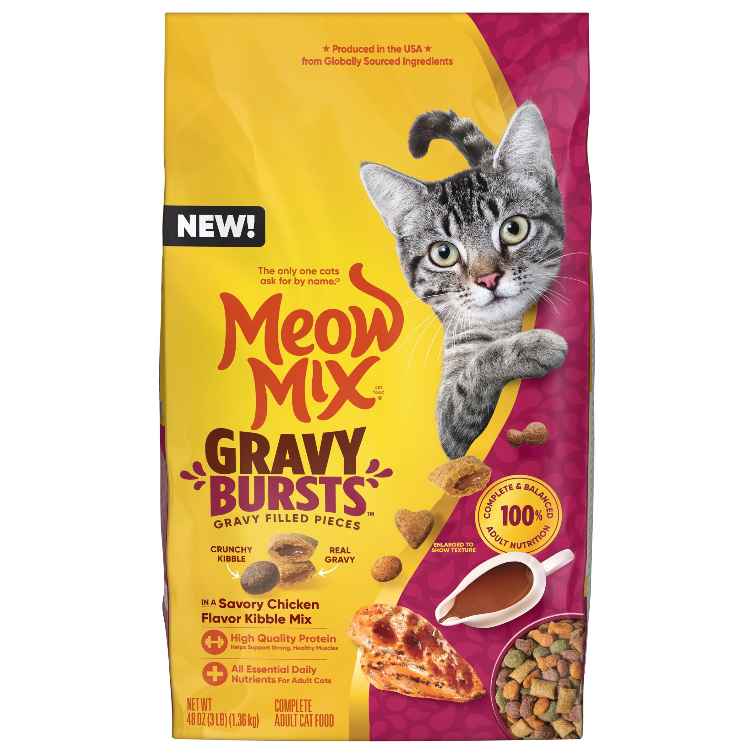 Meow Mix Gravy Bursts Savory Chicken Flavor Mix with Gravy Filled Pieces, Dry Cat Food, 3 lb