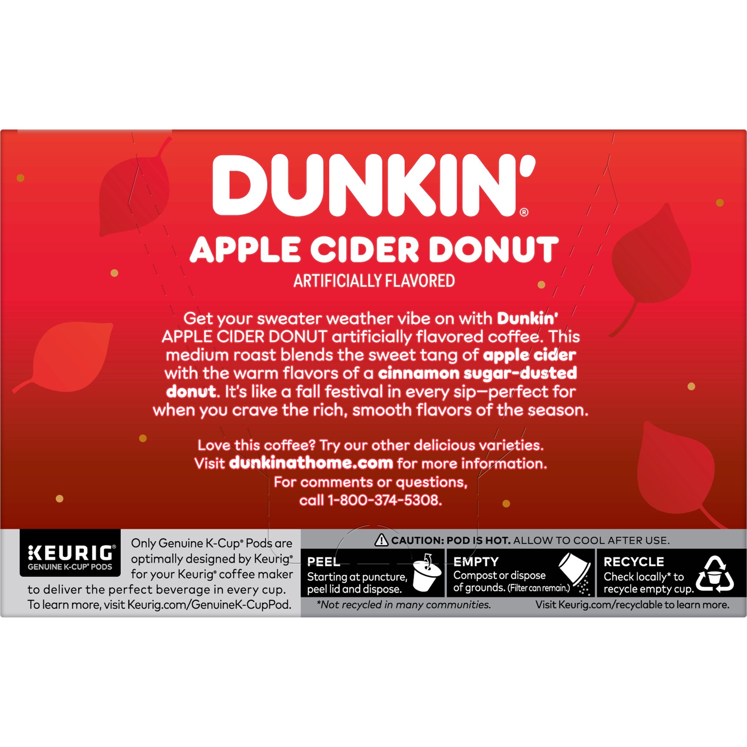Dunkin’ Apple Cider Donut Artificially Flavored Coffee, K-Cup Pods, 10 Count, Back of Pack