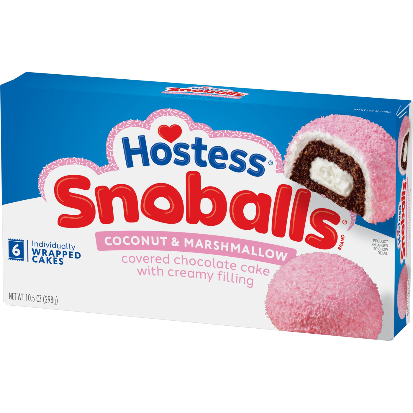 Hostess Snoballs, Coconut-Covered Chocolate Cake, Creamy Filling, 6 Count, Angled Pack View