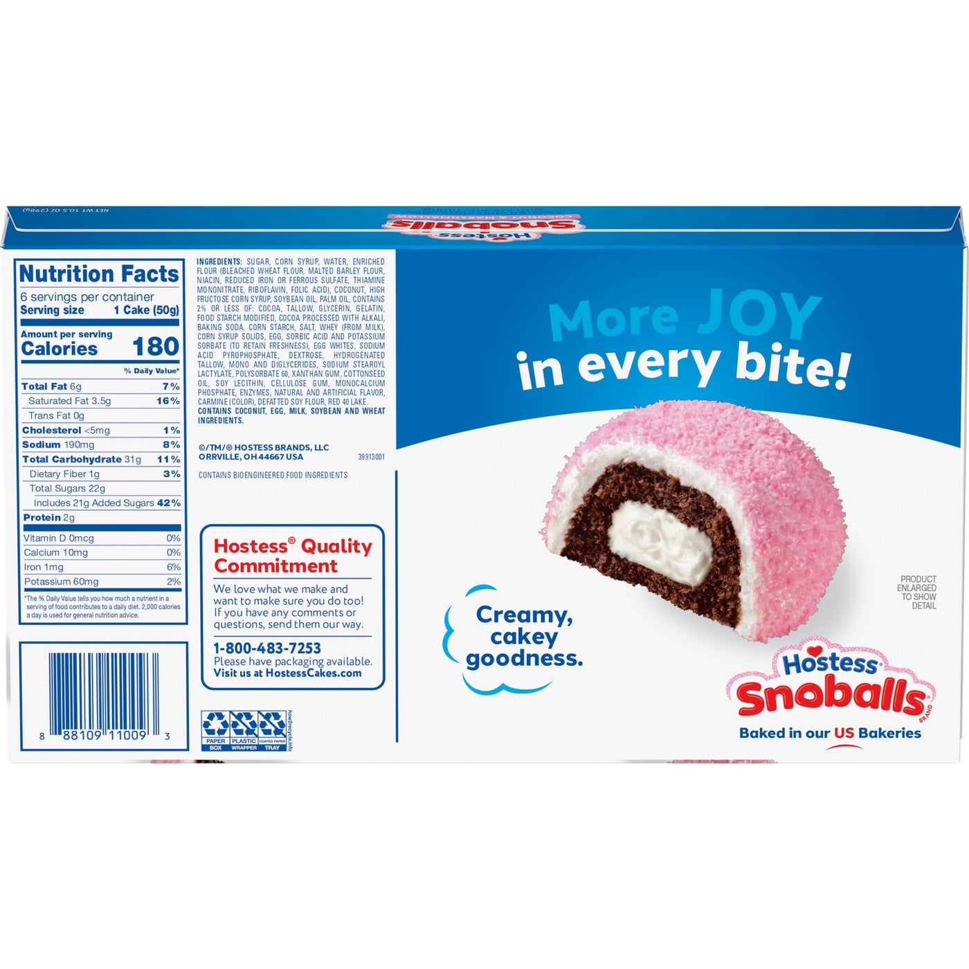 Hostess Snoballs, Coconut-Covered Chocolate Cake, Creamy Filling, 6 Count, Back of Pack