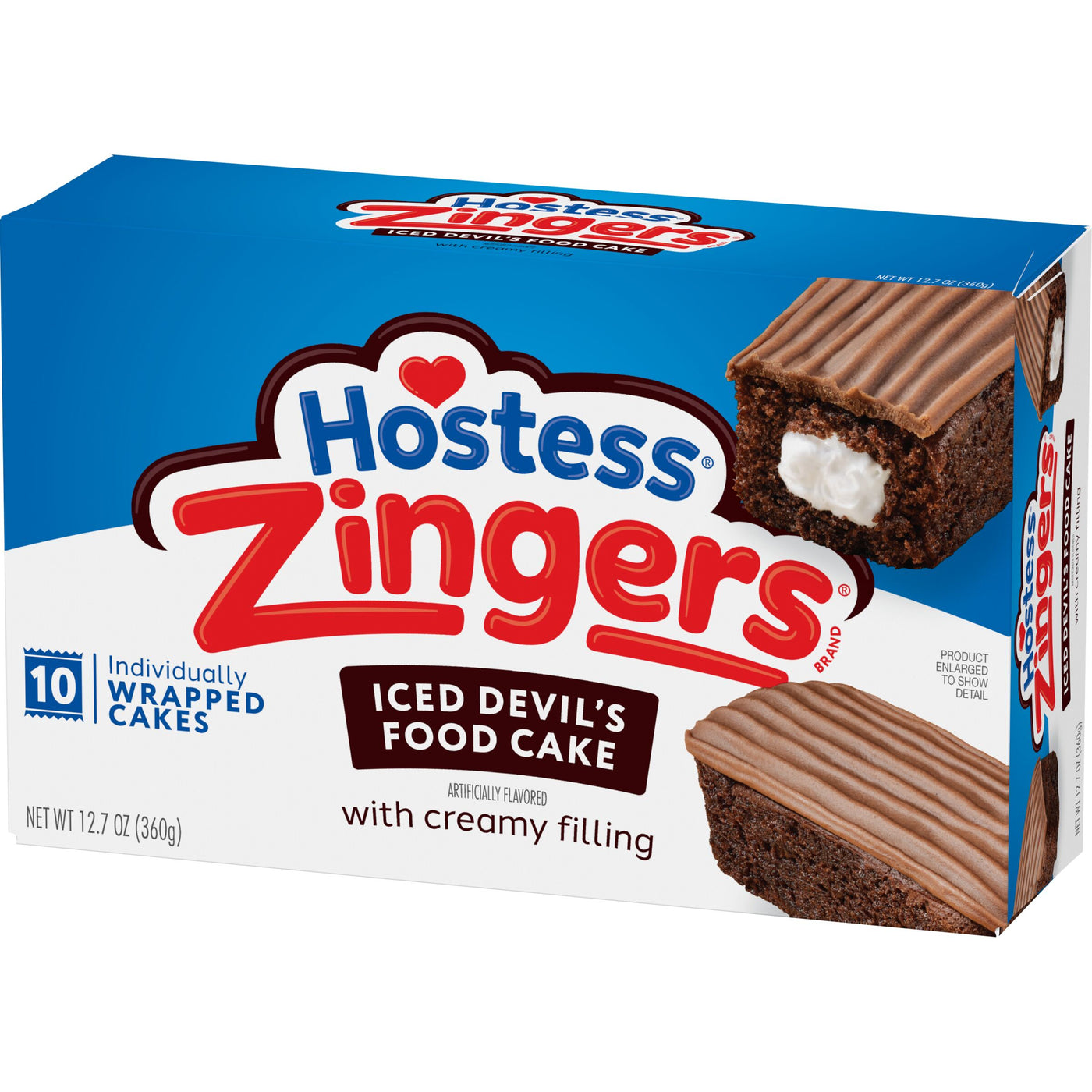 Hostess Zingers Snack Cakes, Artificially Flavored Iced Devil’s Food Cake, 10 count, Angled Packaging