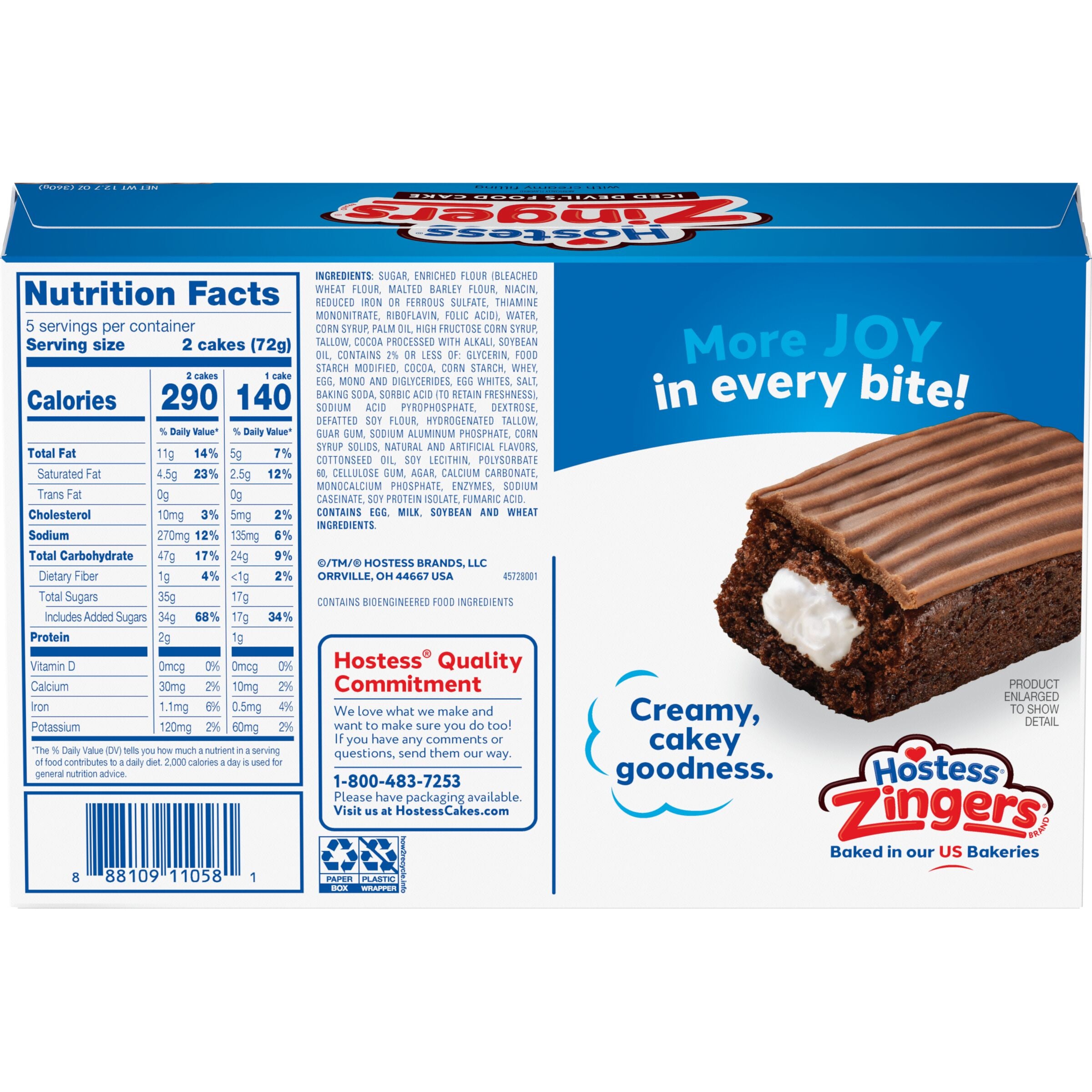 Hostess Zingers Snack Cakes, Artificially Flavored Iced Devil’s Food Cake, 10 count, Back of Pack