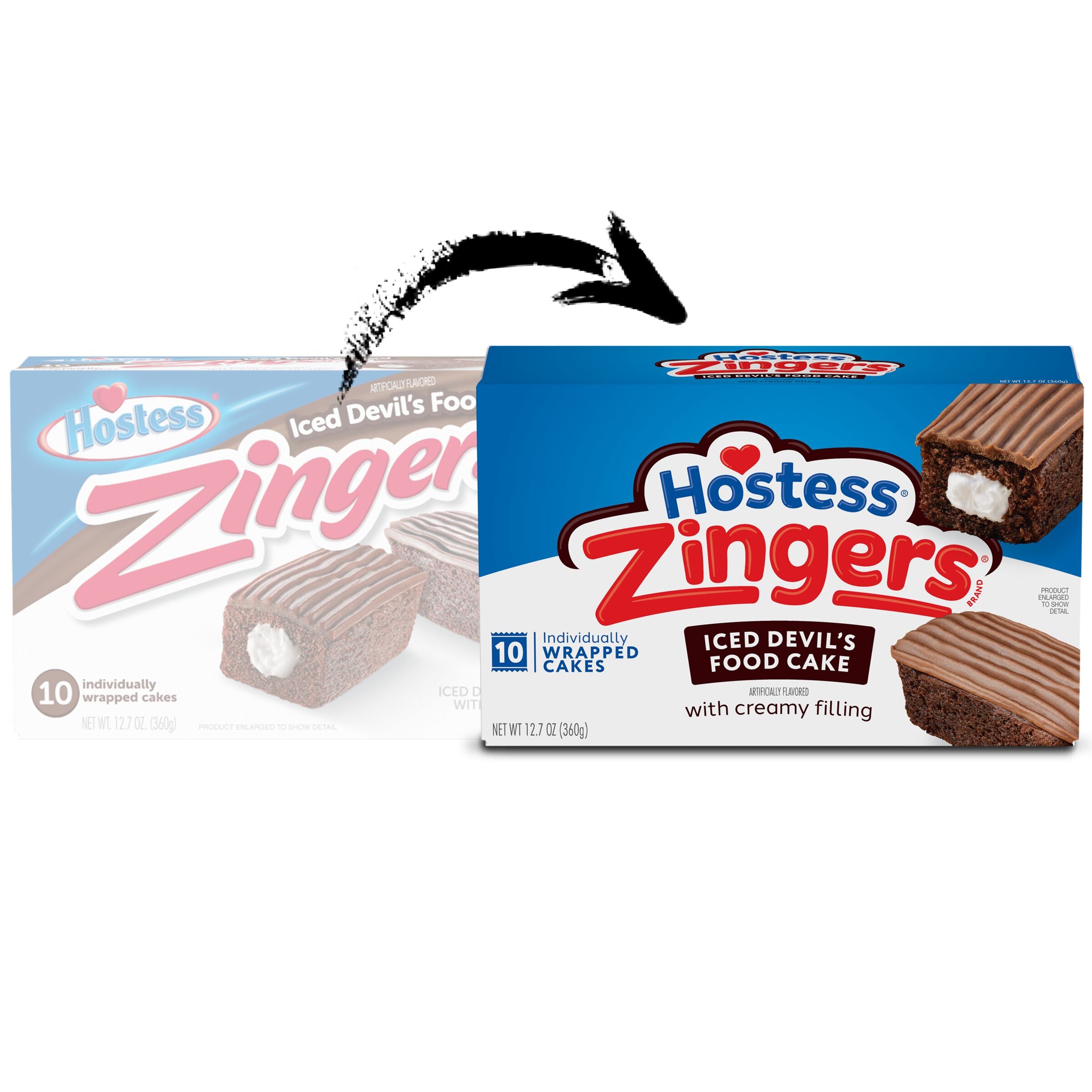 Hostess Zingers Snack Cakes, Artificially Flavored Iced Devil’s Food Cake, 10 count, Packaging Transition