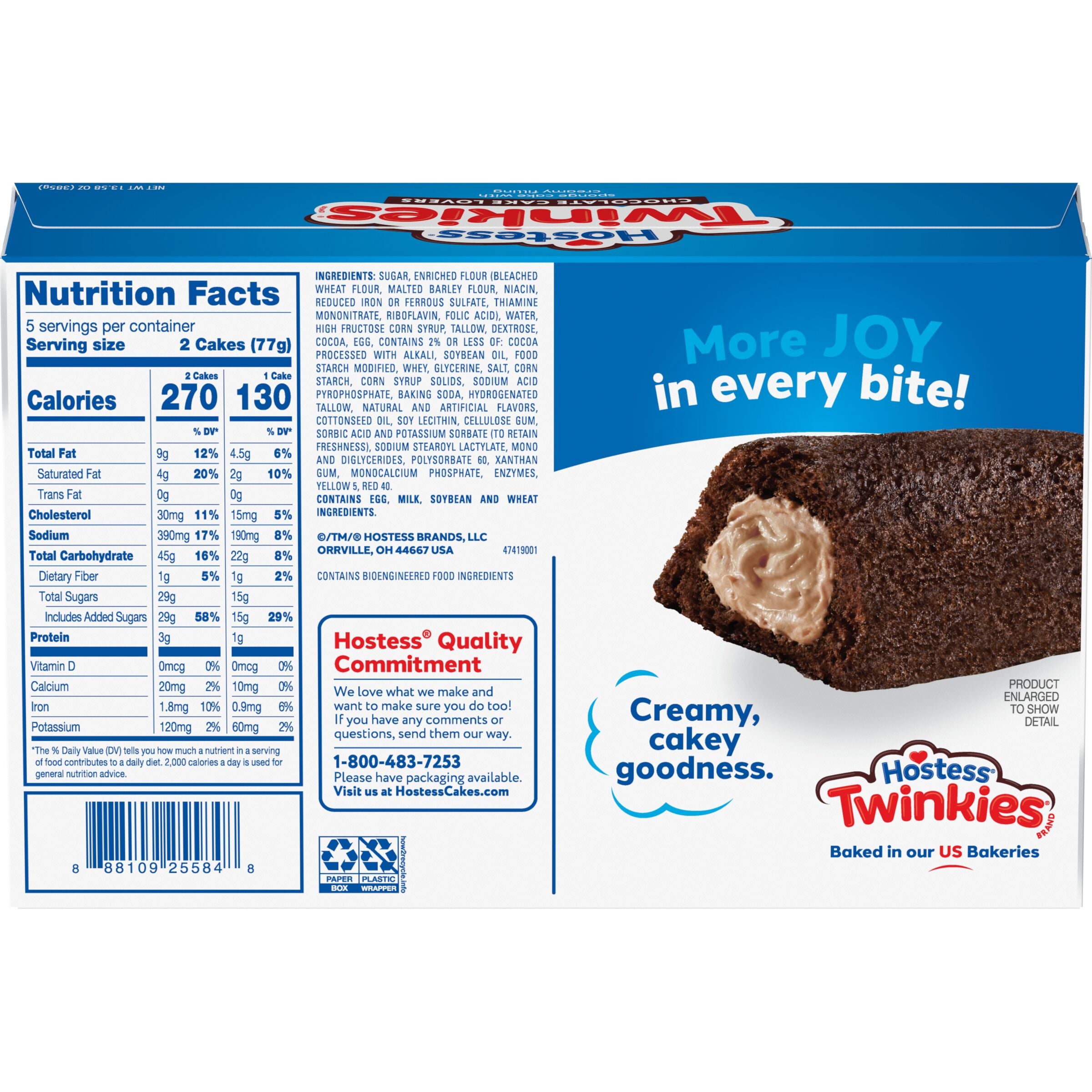 Hostess Twinkies Chocolate Lovers Snack Cakes, Chocolate Sponge Cake with Chocolate Flavored Filling, 10 count, Back of Pack