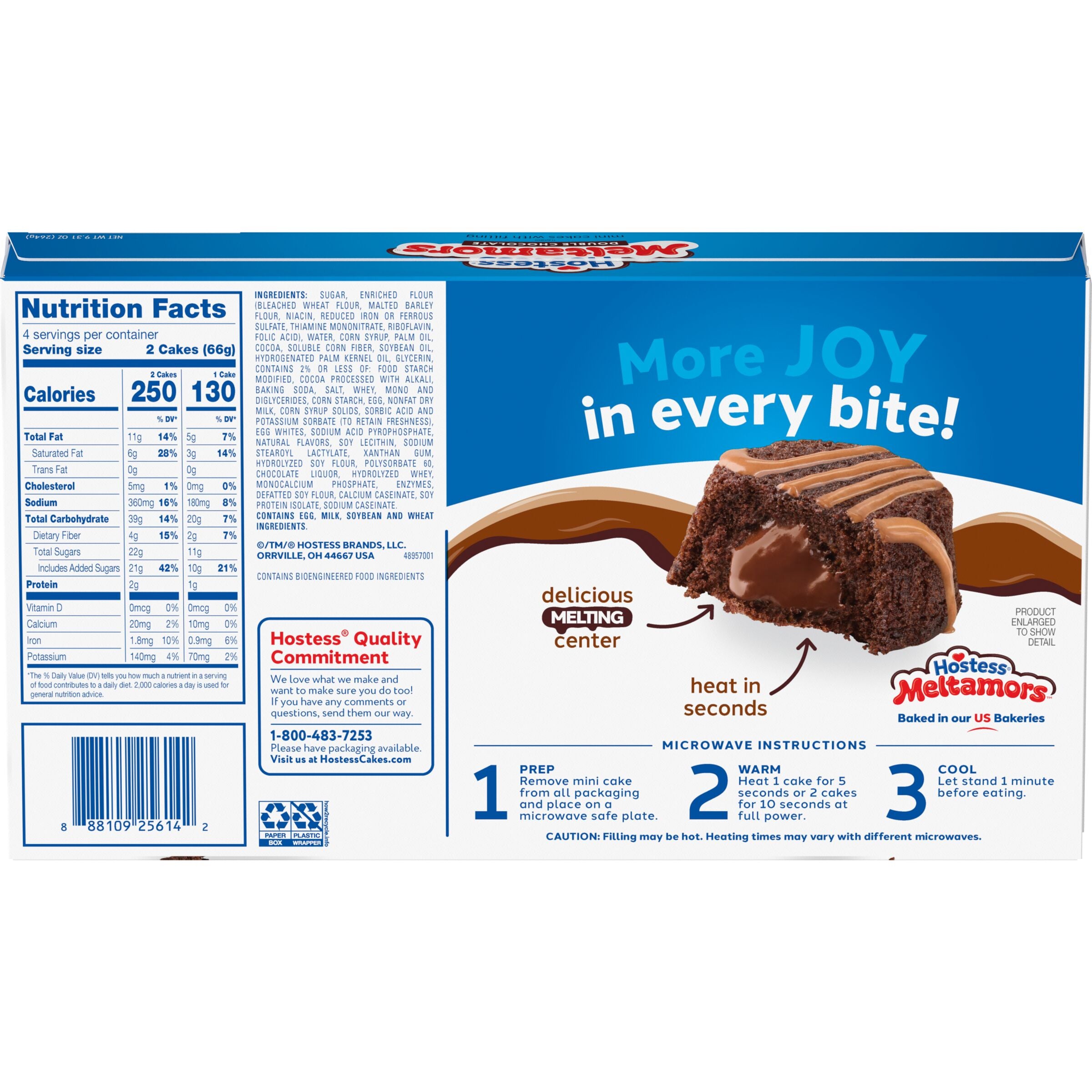 Hostess Meltamors Mini Lava Cakes, Double Chocolate Flavored, 8 count, Back of Pack