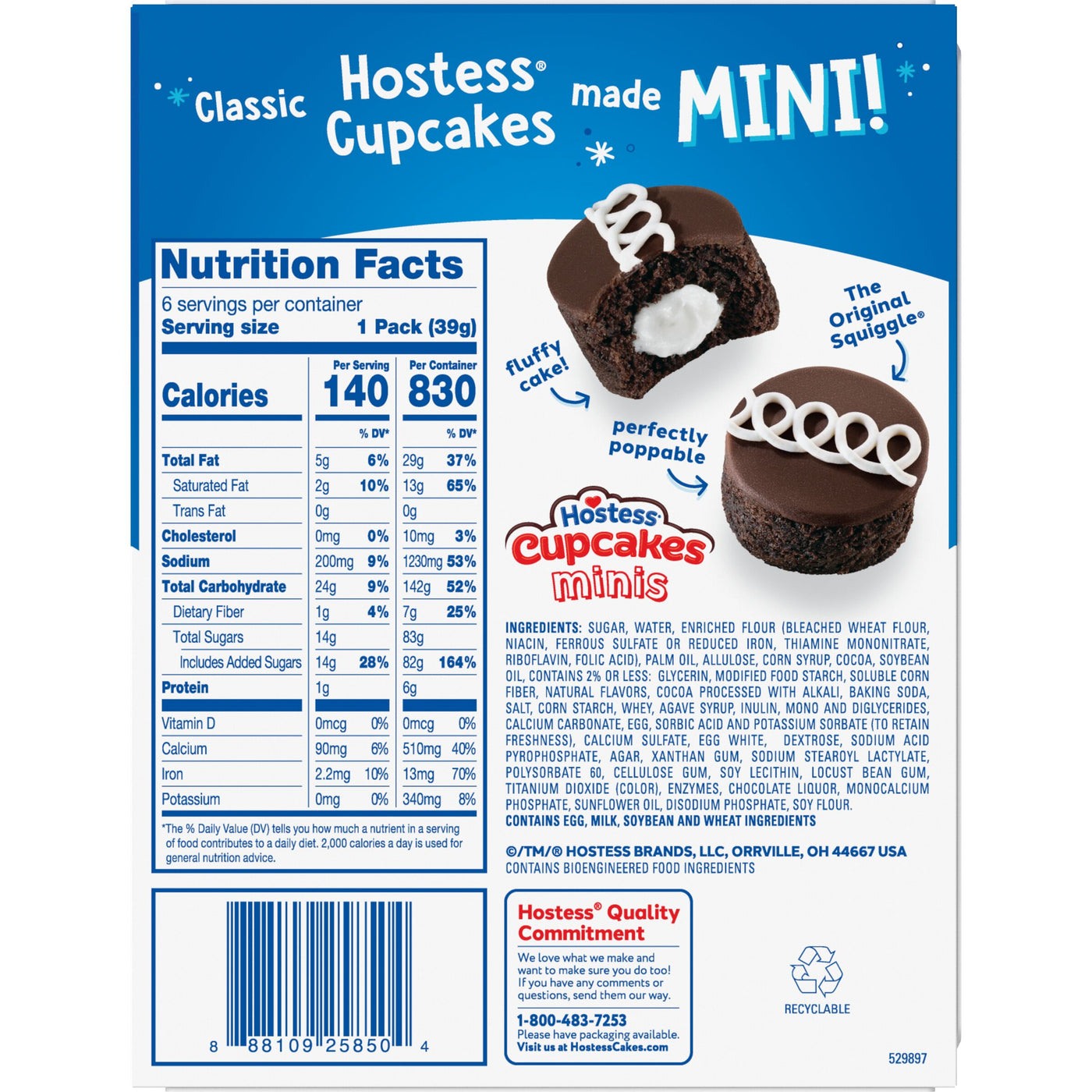 Hostess Cupcakes Minis, Chocolate Snack Cakes, 6 count, Back of Pack