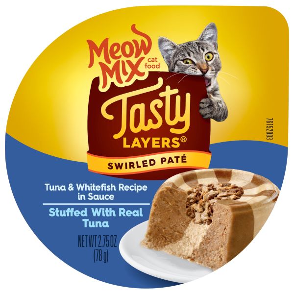 Meow Mix Tasty Layers Swirled Paté Cat Food, Tuna & Whitefish Recipe Stuffed with Real Tuna, 2.75 oz