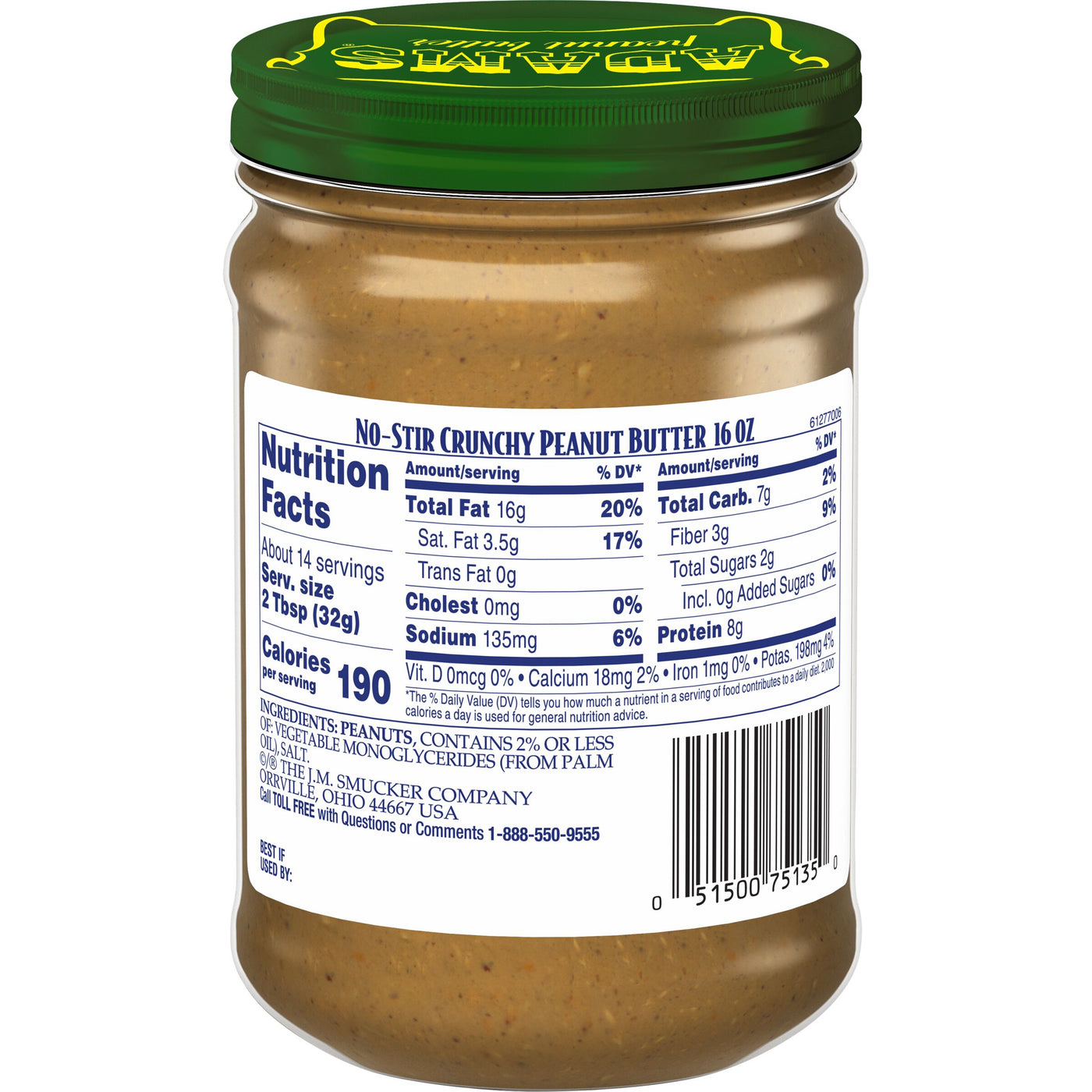 Adams Natural No-Stir Crunchy Peanut Butter, 16 oz