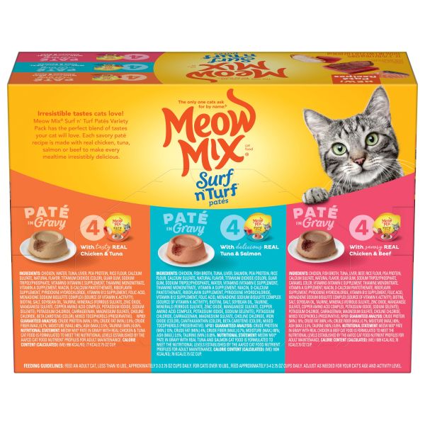 Meow Mix Paté in Gravy Variety Pack, Surf n’ Turf Patés, Wet Cat Food, 12 Count