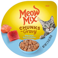 Meow Mix Wet Cat Food, Chunks in Gravy With Real Tuna & Salmon, 2.75 oz, Front