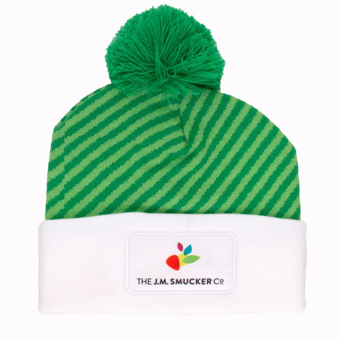 Green & White Pom Pom Hat, Acrylic Fabric, Front