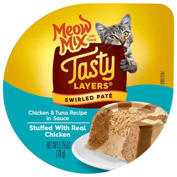 Meow Mix Tasty Layers Swirled Paté Cat Food, Chicken & Tuna Recipe Stuffed with Real Chicken, 2.75 oz