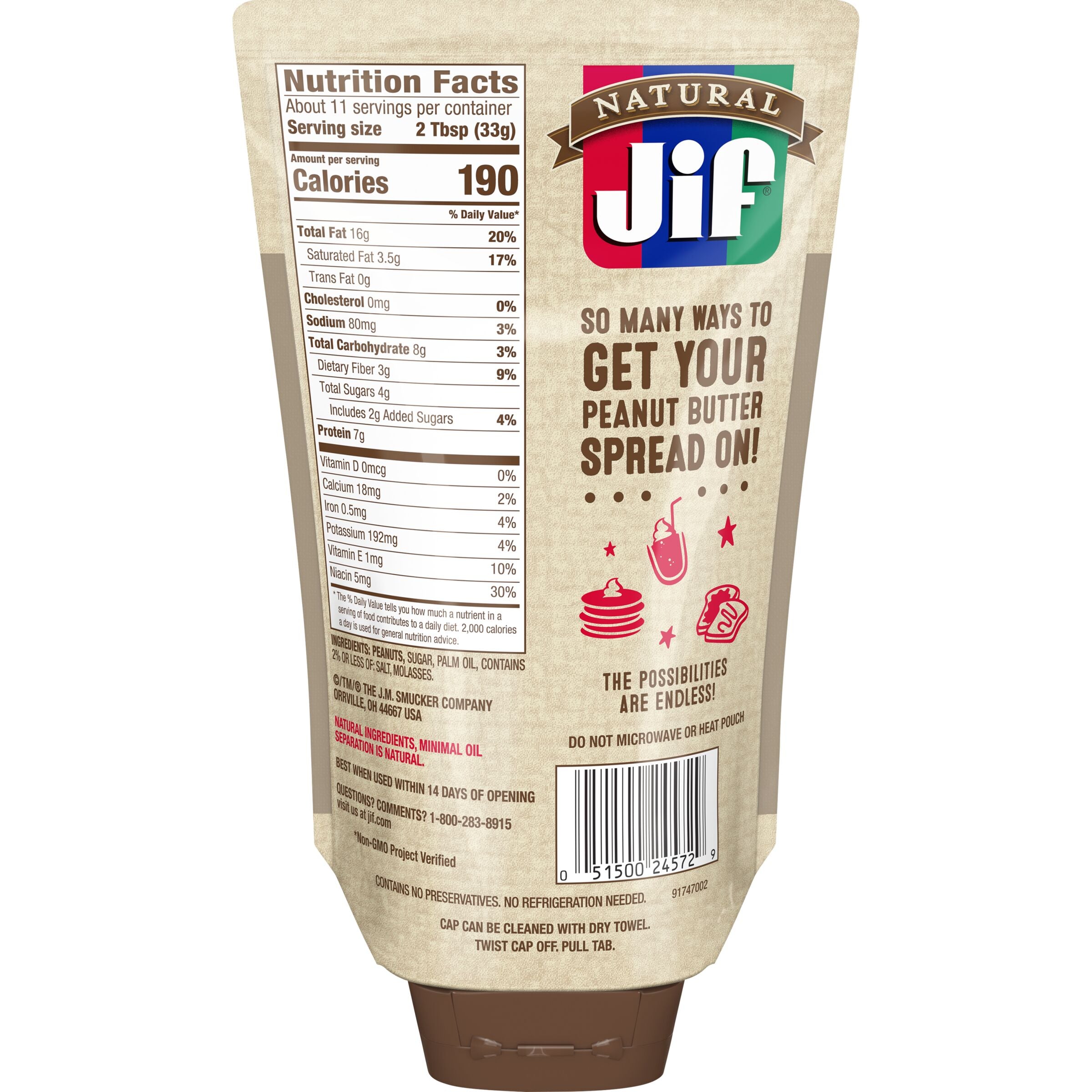 Jif Natural Squeeze Creamy Peanut Butter, 13 oz