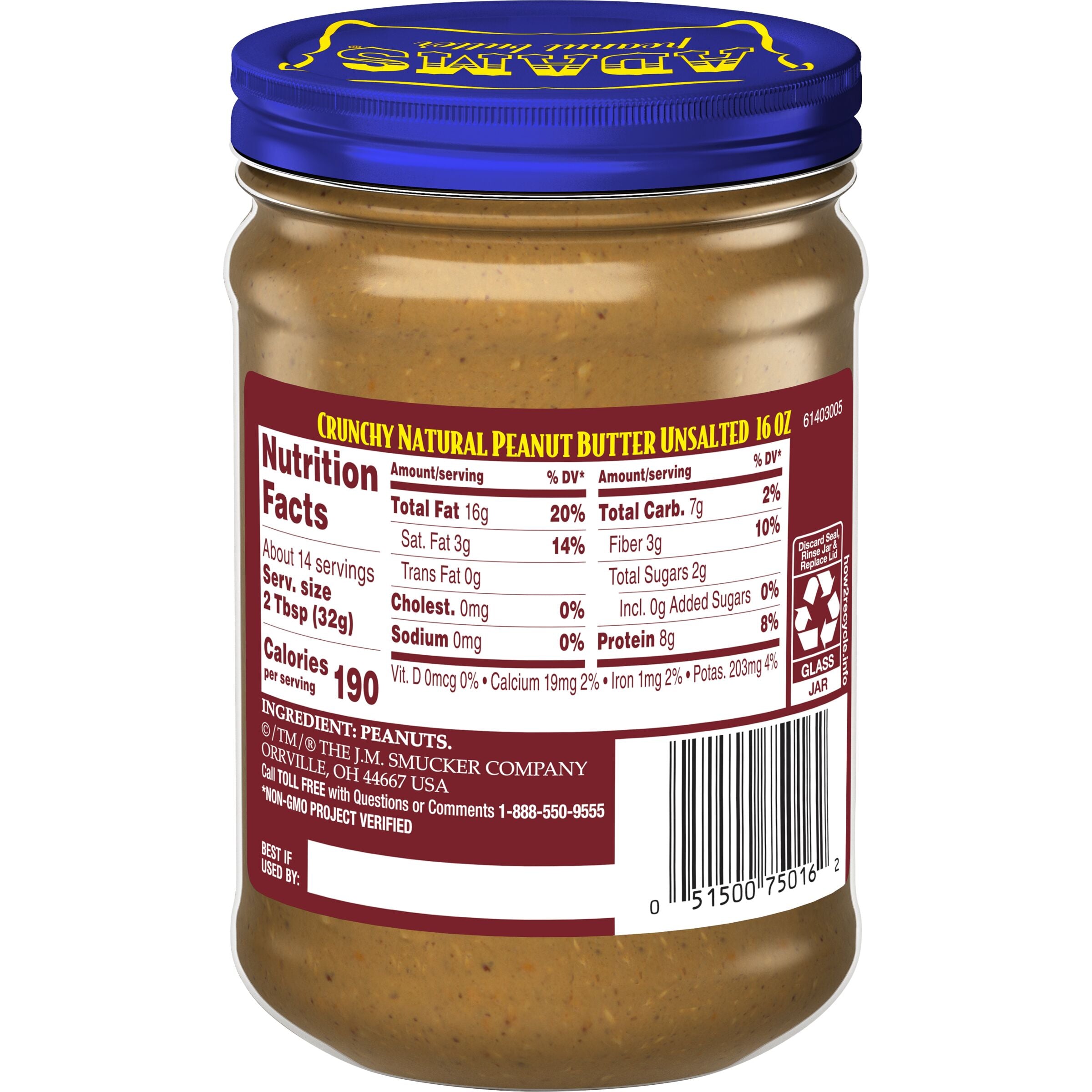 Adams Natural Unsalted Crunchy Peanut Butter, 16 oz