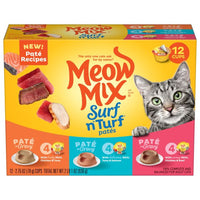 Meow Mix Paté in Gravy Variety Pack, Surf n’ Turf Patés, Wet Cat Food, 12 Count, Front