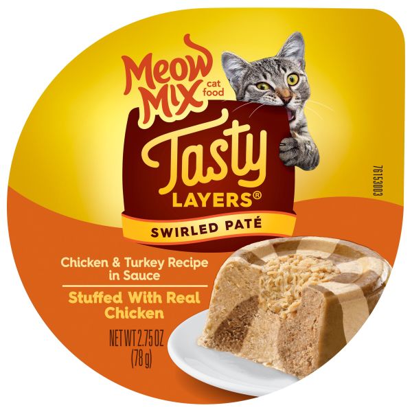 Meow Mix Tasty Layers Swirled Paté Cat Food, Chicken & Turkey Recipe Stuffed with Real Chicken, 2.75 oz