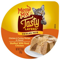 Meow Mix Tasty Layers Swirled Paté Cat Food, Chicken & Turkey Recipe Stuffed with Real Chicken, 2.75 oz, Front