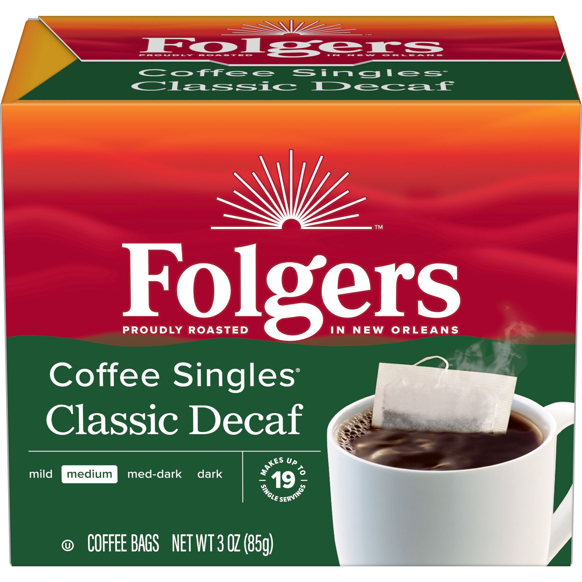 Folgers Coffee Singles Classic Decaf Coffee Bags, 19 Count