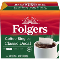 Folgers Coffee Singles Classic Decaf Coffee Bags, 19 Count, Front