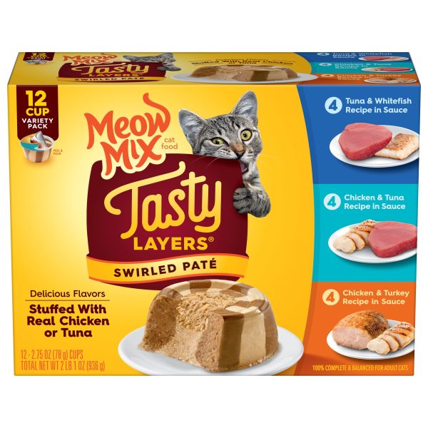 Meow Mix Tasty Layers Swirled Paté Cat Food Variety Pack, 12 Pack